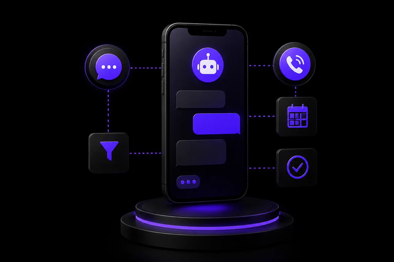 A phone showing an AI chat assistant connected to call, calendar, lead capture and booking icons