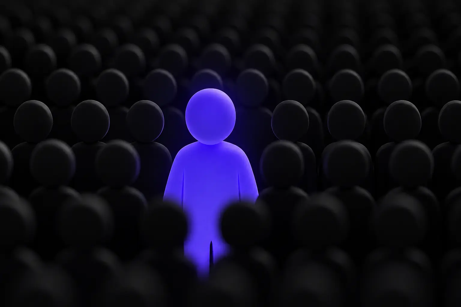 A single glowing purple figure standing out among rows of identical dark figures