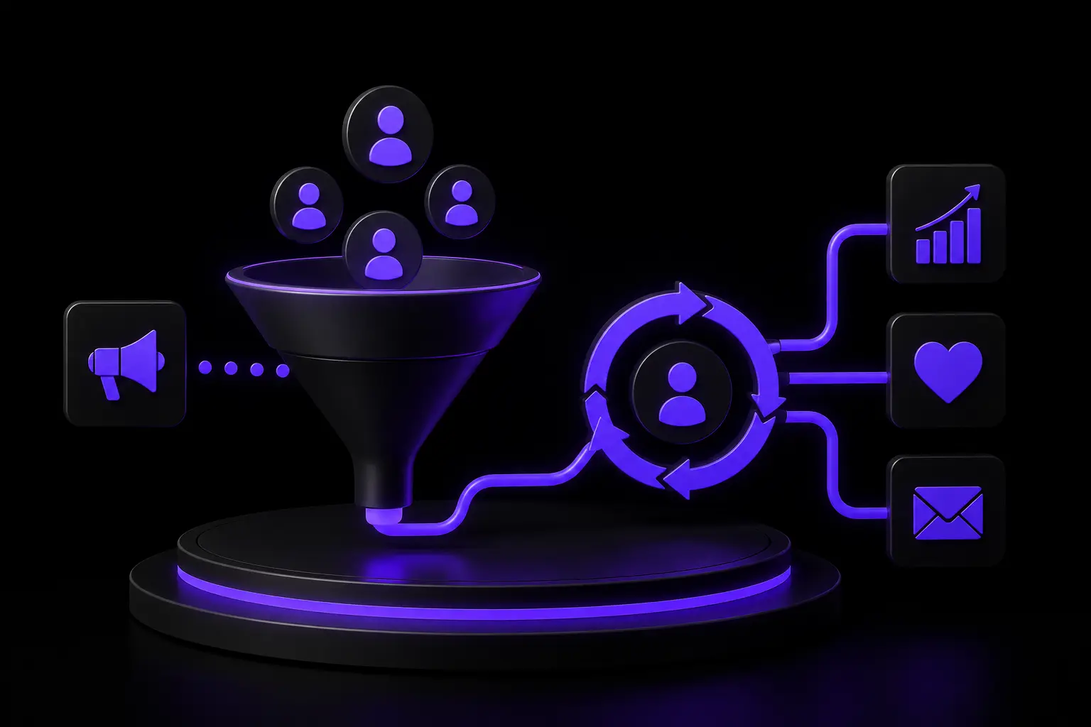 An ad megaphone feeding leads into a funnel that routes into follow-up, email and growth