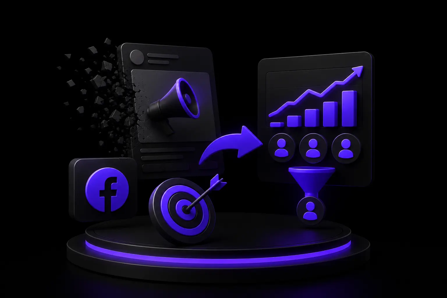 A Facebook ad breaking apart into a targeting bullseye, funnel and rising results chart