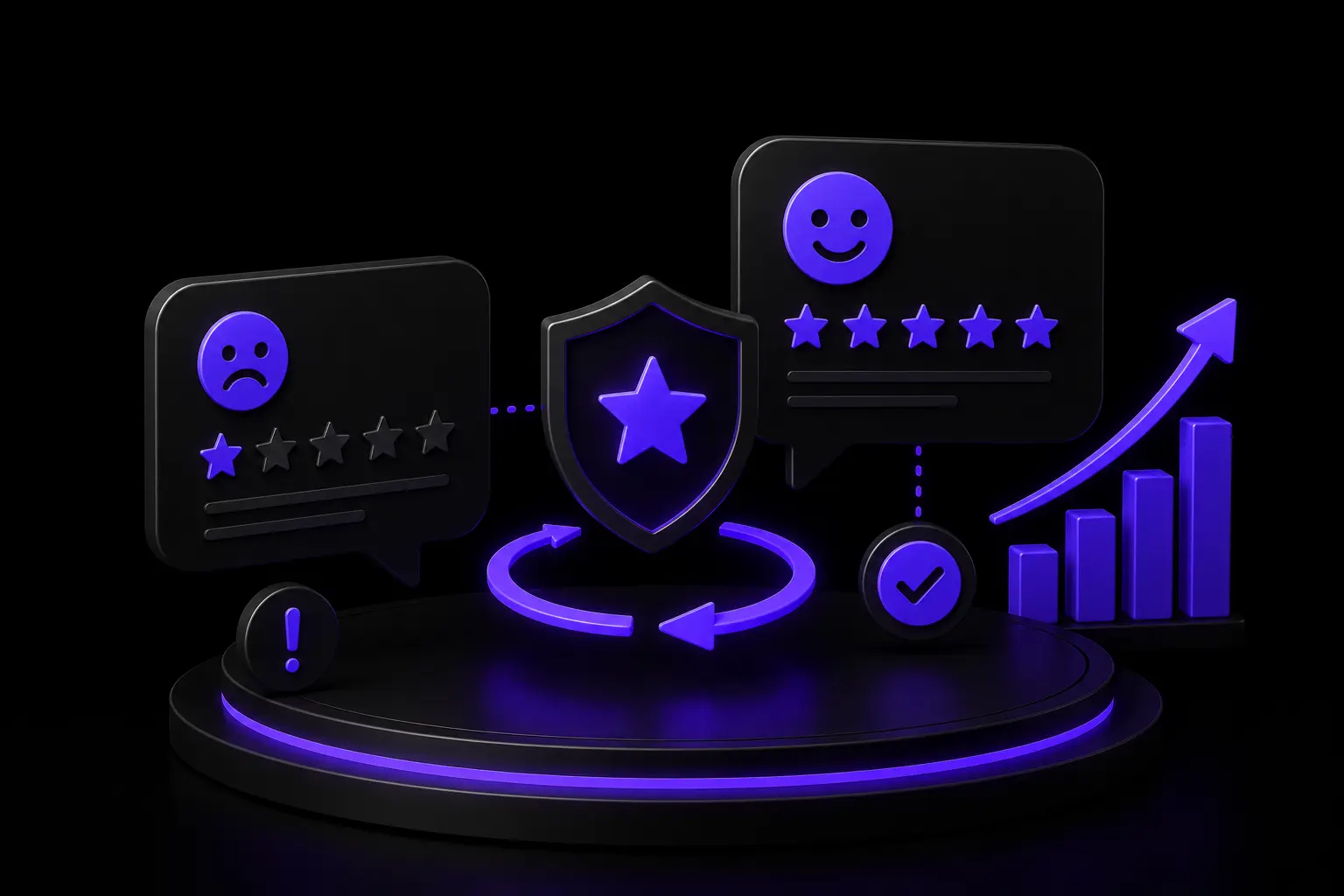 A one-star review and a five-star review either side of a shield, with results trending up